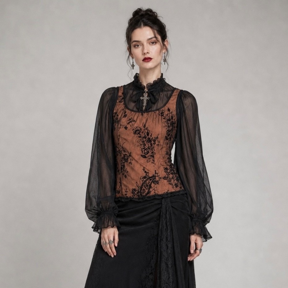 Vintage Y2K Brown Black Floral Lace Mesh Top Petite S/L Whimsigoth Fairy JTB - Picture 7 of 11